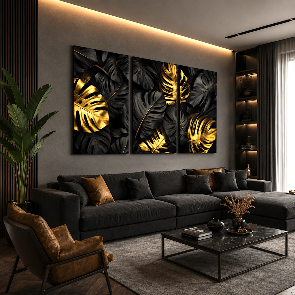 Stretched canvas monstera leaf art — gallery wrap set of 3, ready to hang