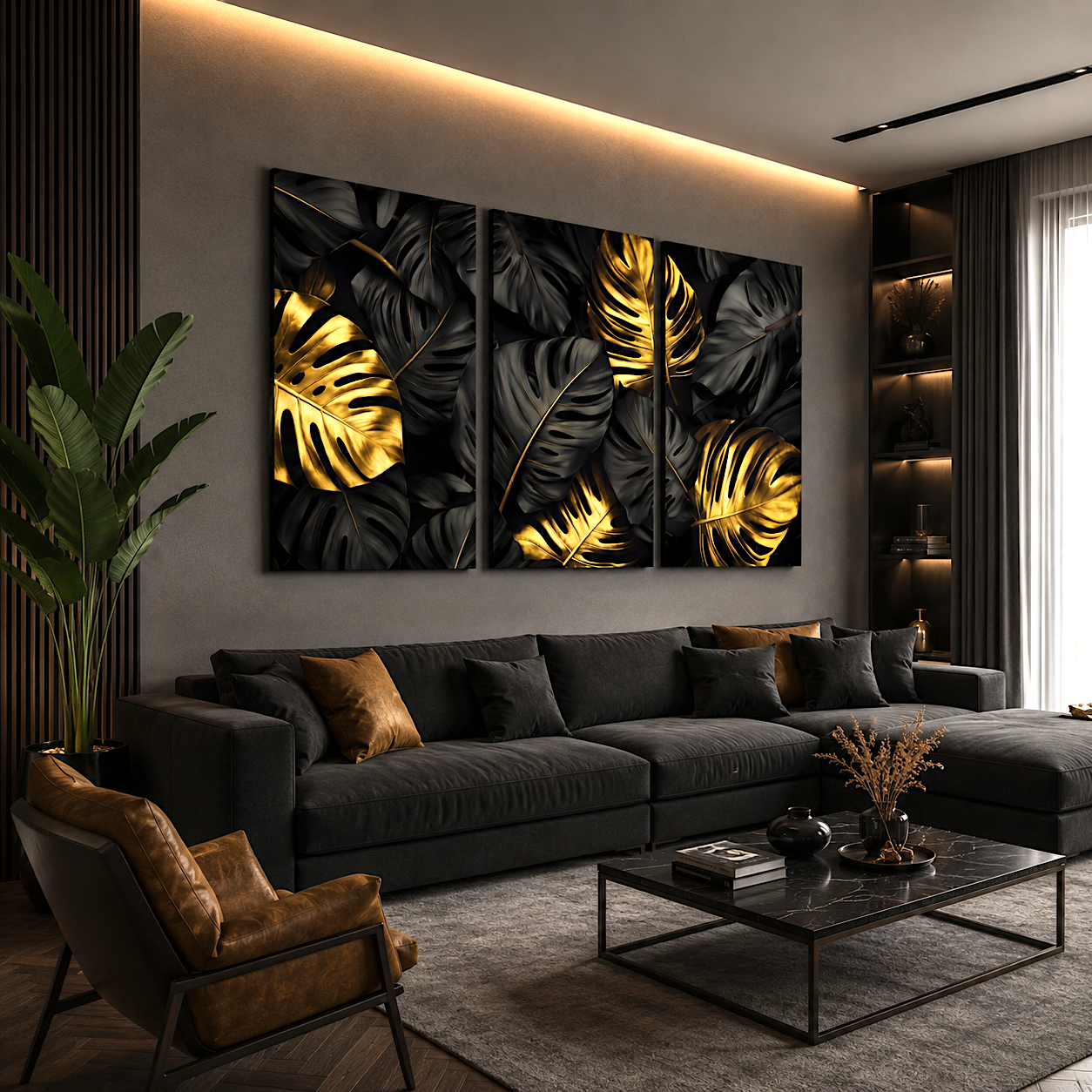 Stretched canvas monstera leaf art — gallery wrap set of 3, ready to hang