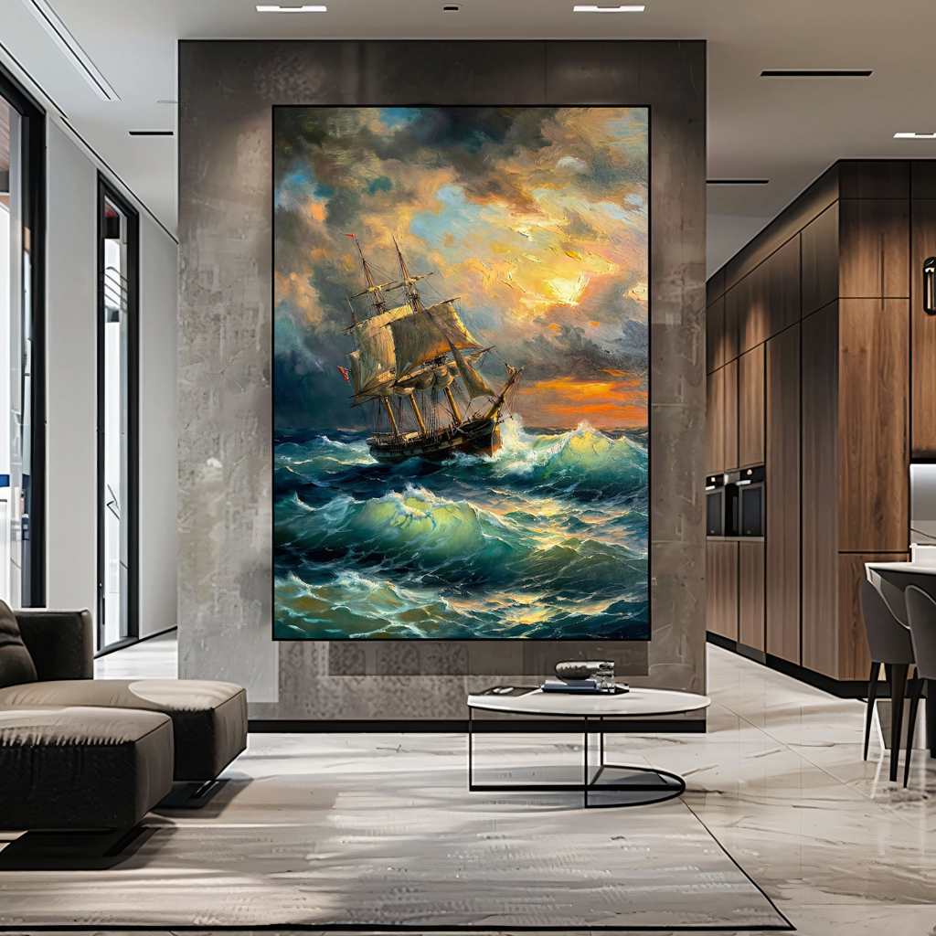 tall ship battling waves sunset maritime wall art print