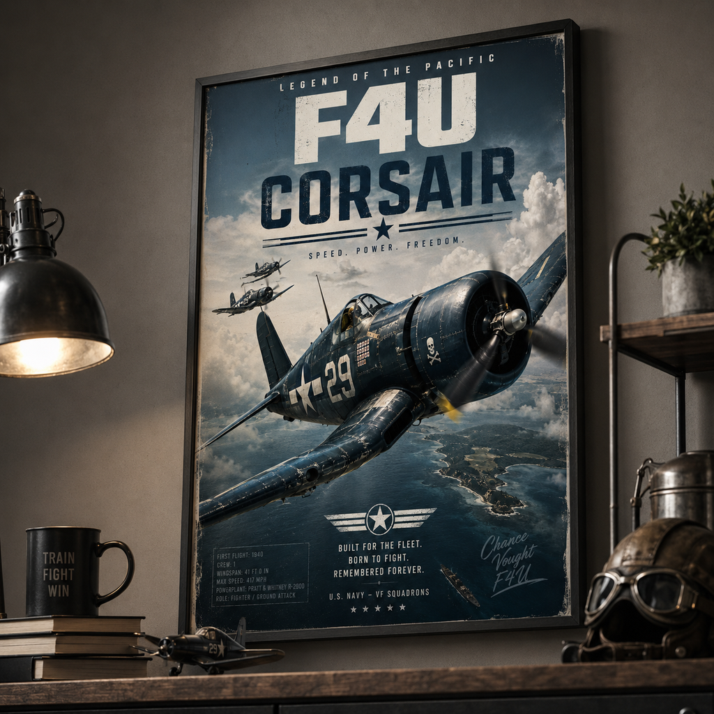 F4U Corsair fighter plane soaring over the Pacific, capturing wartime courage and freedom in the sky