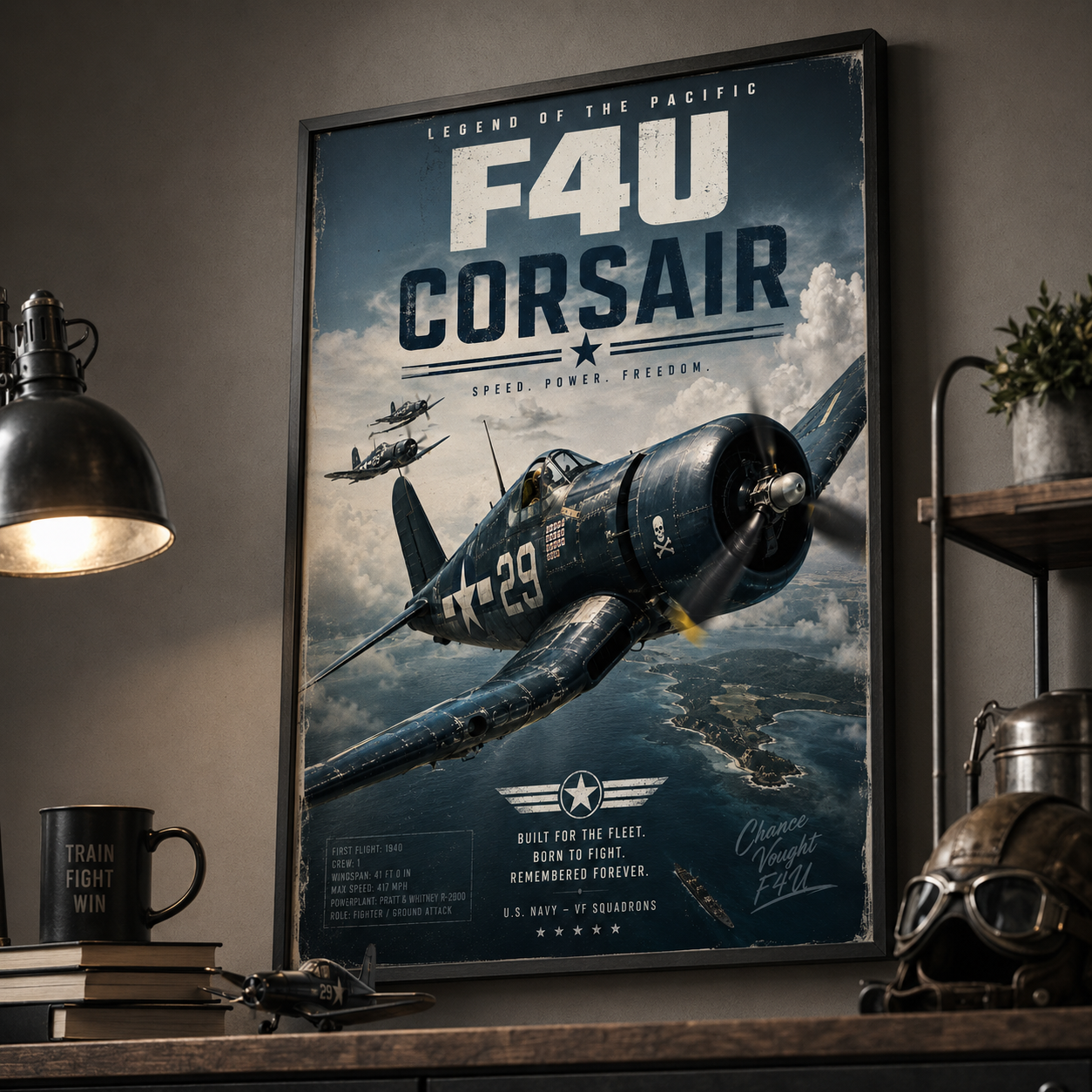 F4U Corsair fighter plane soaring over the Pacific, capturing wartime courage and freedom in the sky