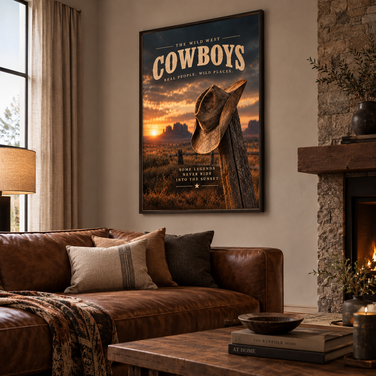 Cowboy wall art poster with "The Wild West Cowboys" title and warm amber sky
