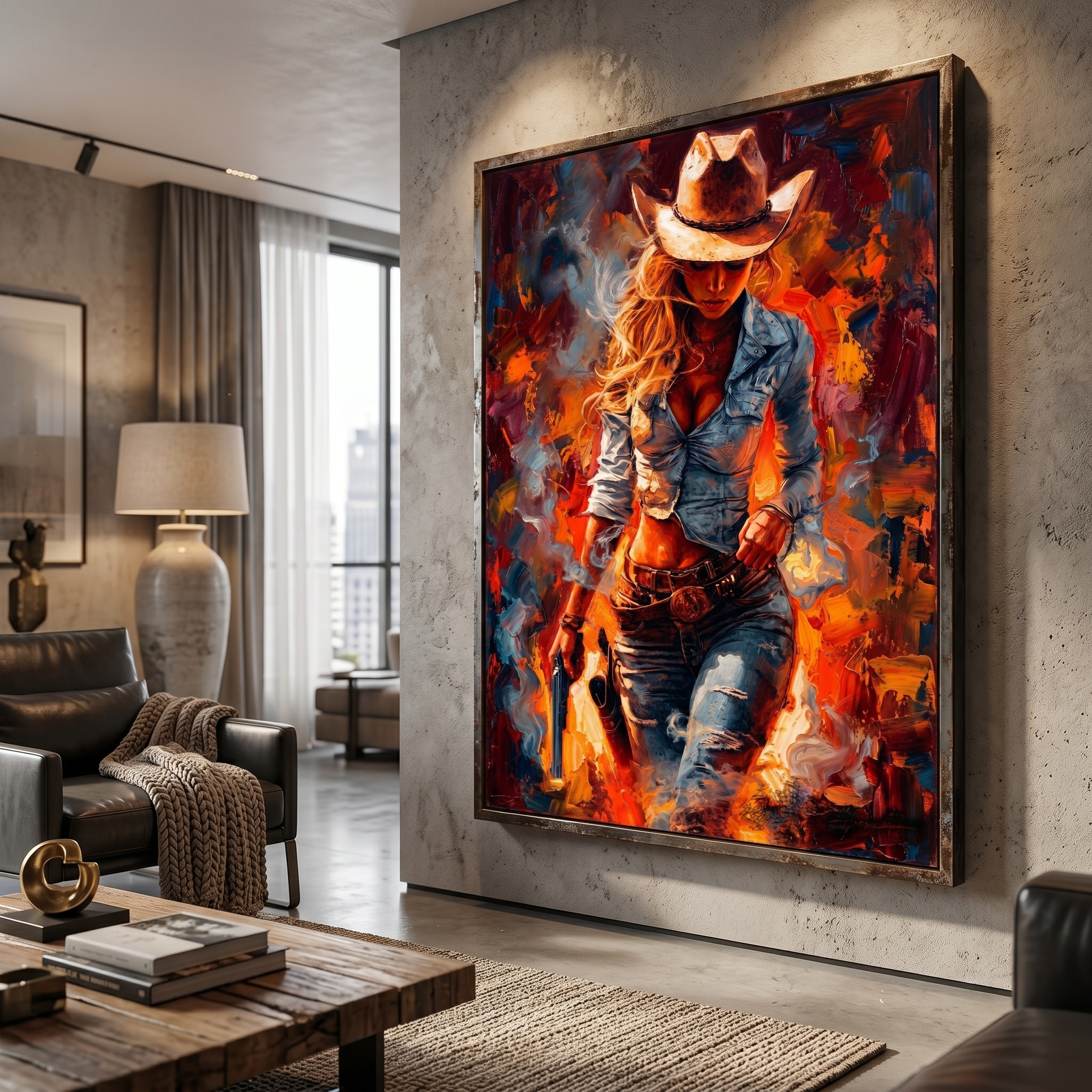 Western wall art print — cowgirl with gun and cowboy hat, abstract fire background, bold decor
