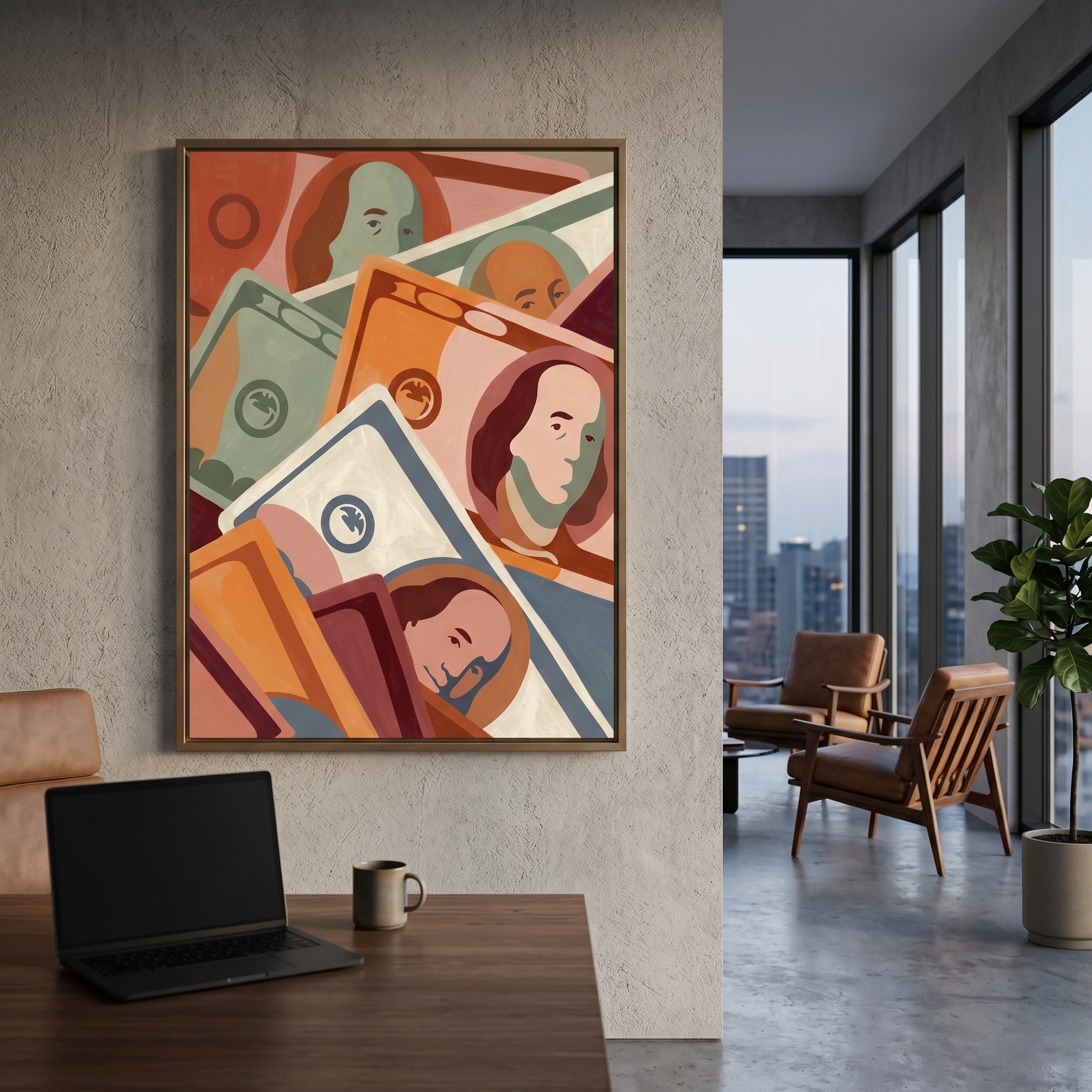 Money wall art print – flat graphic dollar bill illustration, terracotta sage and steel blue, archival matte or canvas