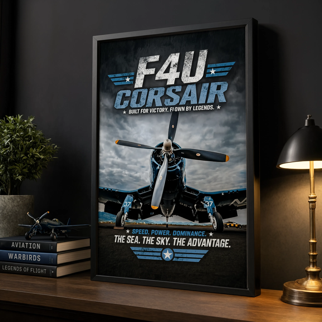 F4U Corsair print detail showing aircraft nose art and propeller