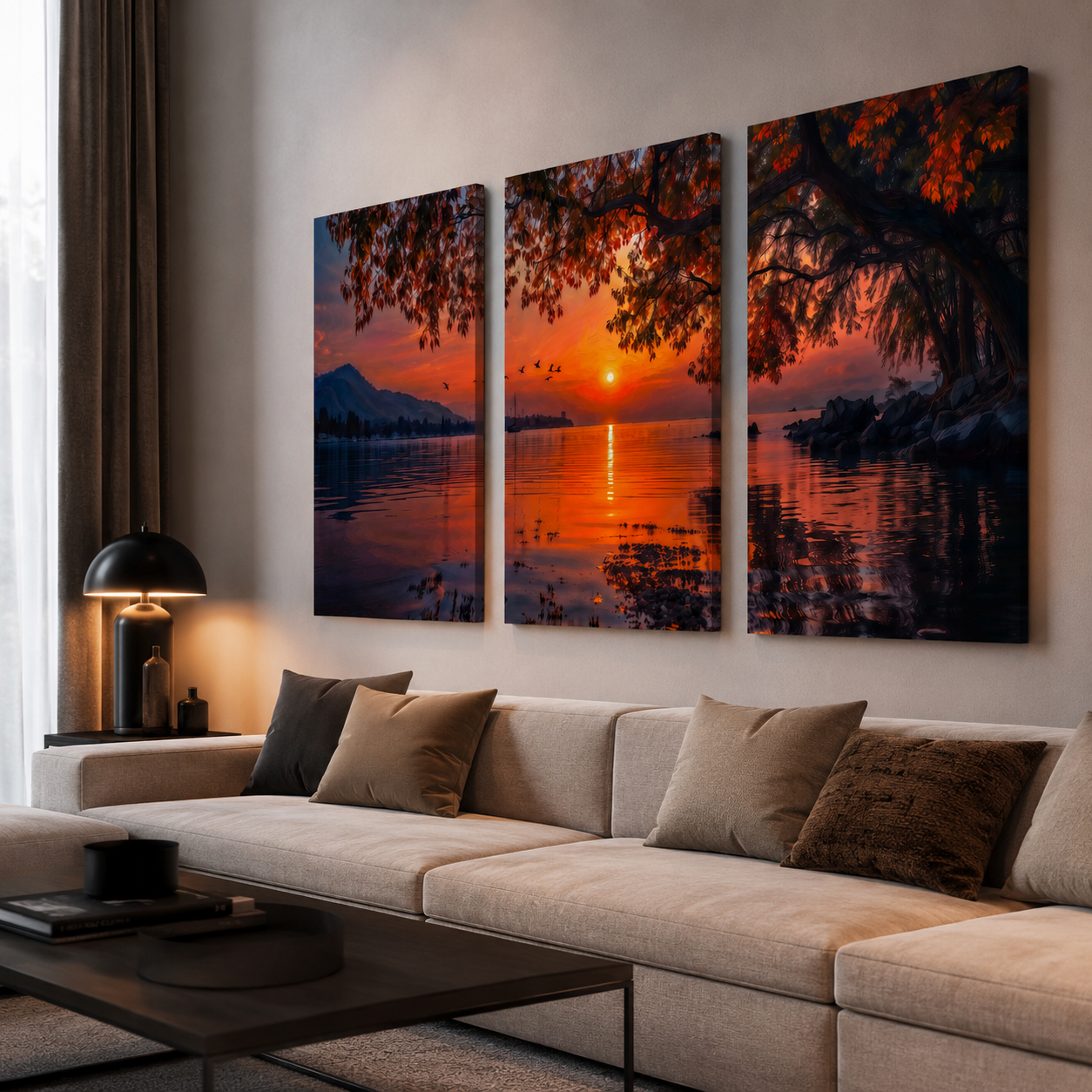 Sunset lake triptych canvas wall art, autumn mountain landscape print, 3 piece set for living room