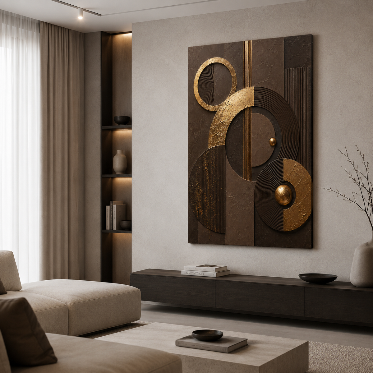 Chocolate brown canvas print faux gold texture wall art gallery wrap, moody sphere circle design for rich home décor.