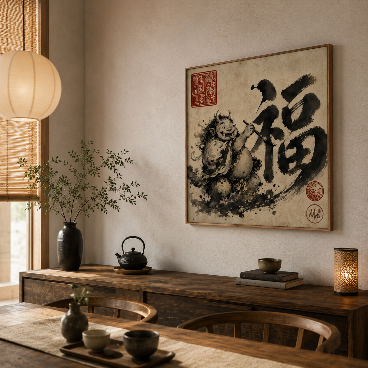 sumi-e style japanese oni wall art print — kanji fortune, archival matte poster