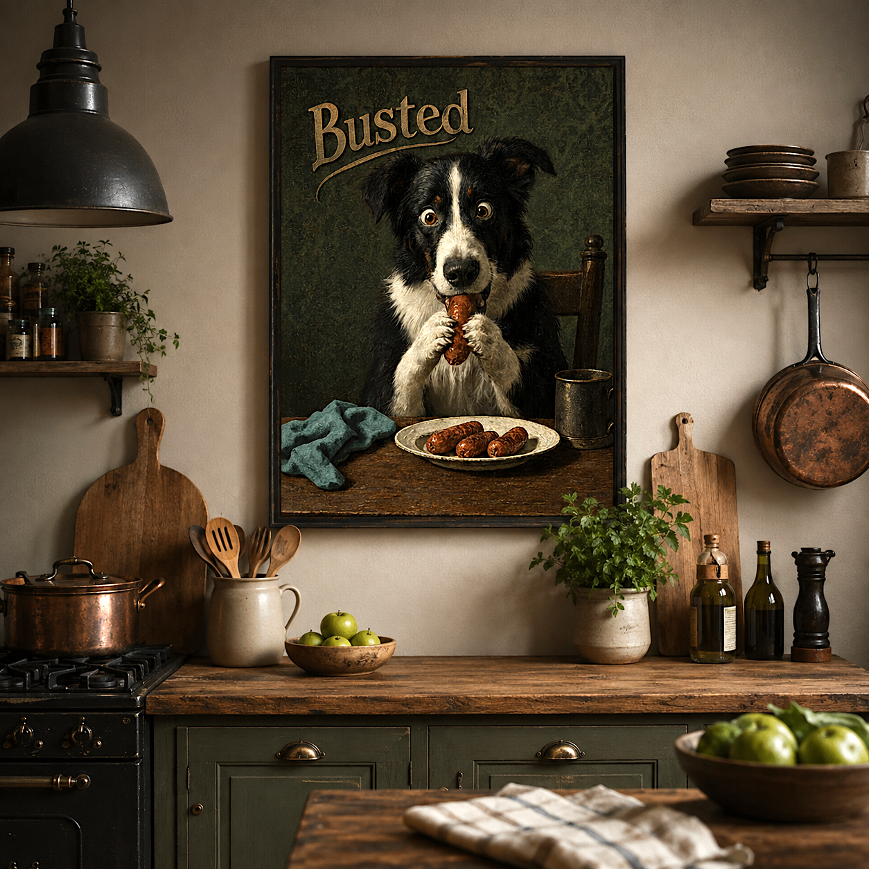 Funny dog print catching a sausage thief mid-act, dog portrait art