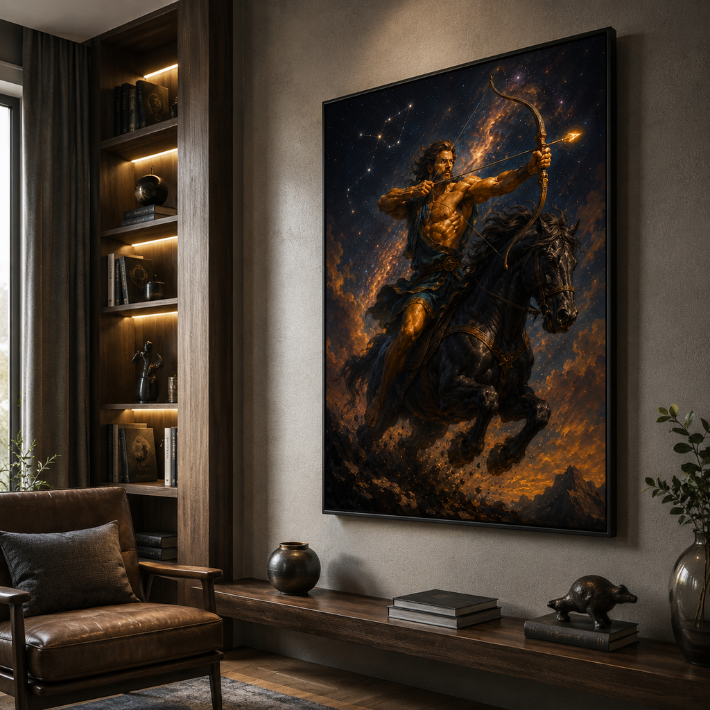 Archer art frozen mid-draw, arrow lit like a falling star against the dark
