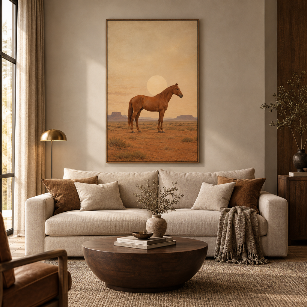 Size comparison of the horse print next to a console table and a lamp