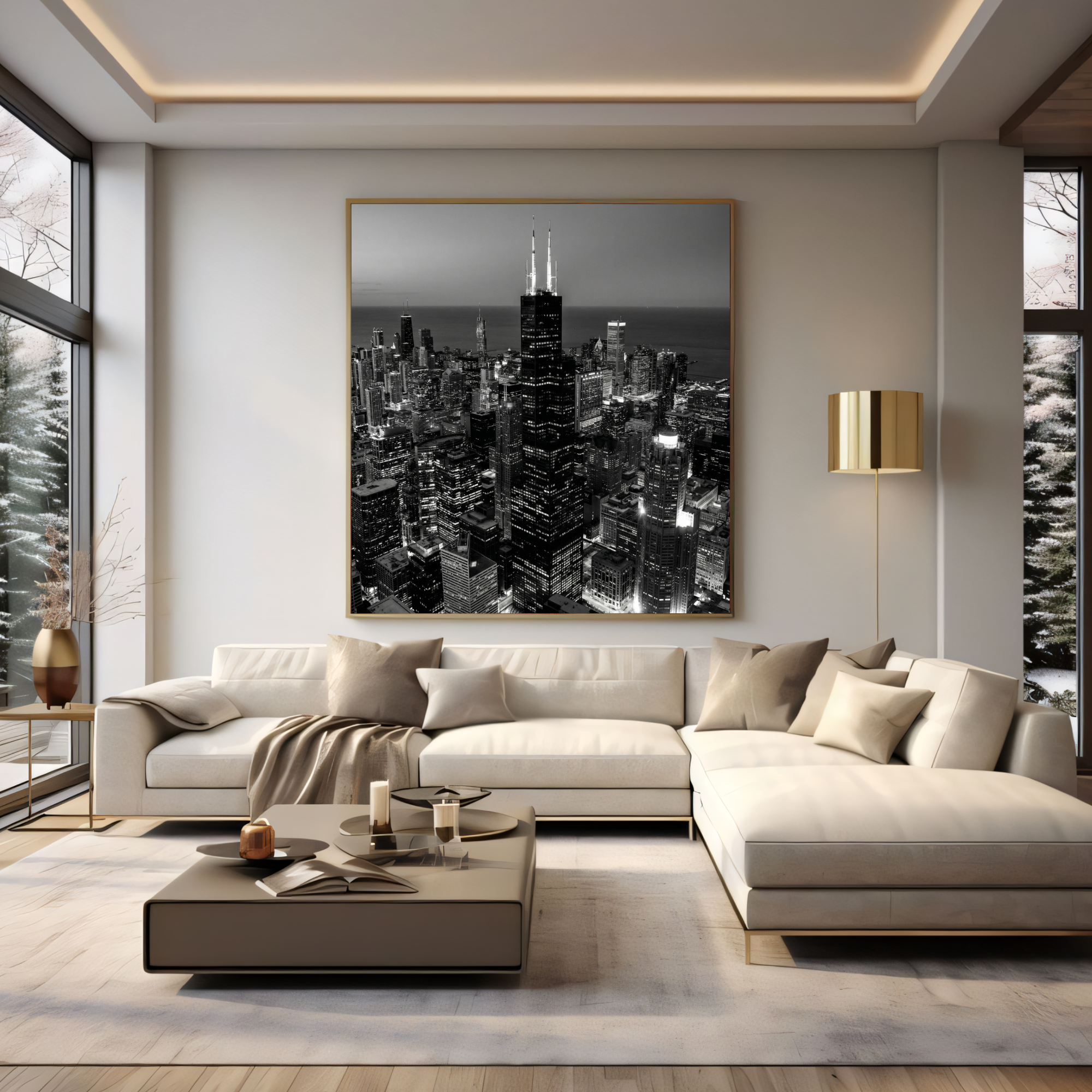Black and white aerial view of Chicago downtown skyscrapers illuminated at night

