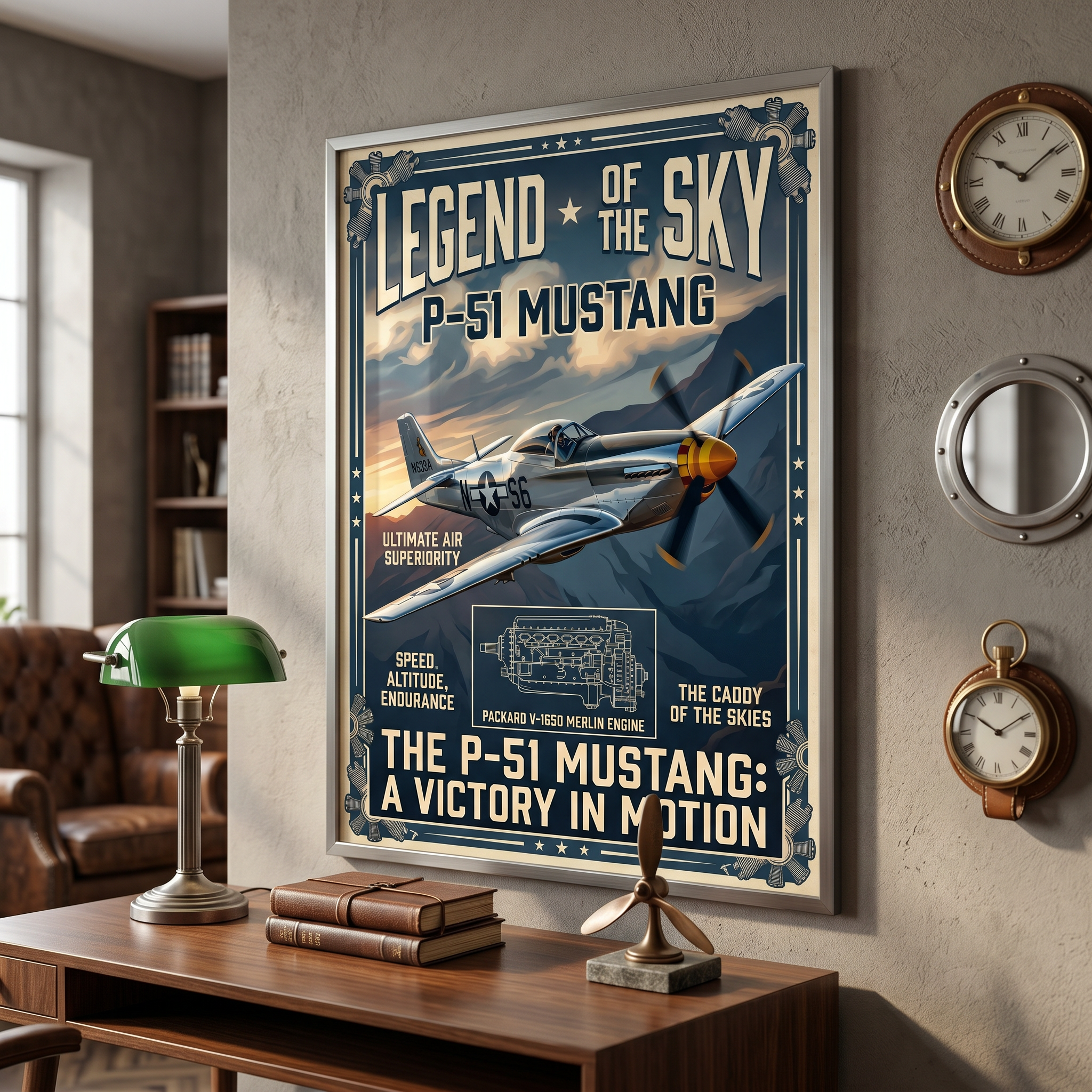 P-51 Mustang engine diagram print — Packard V-1650 Merlin, vintage military aviation wall art