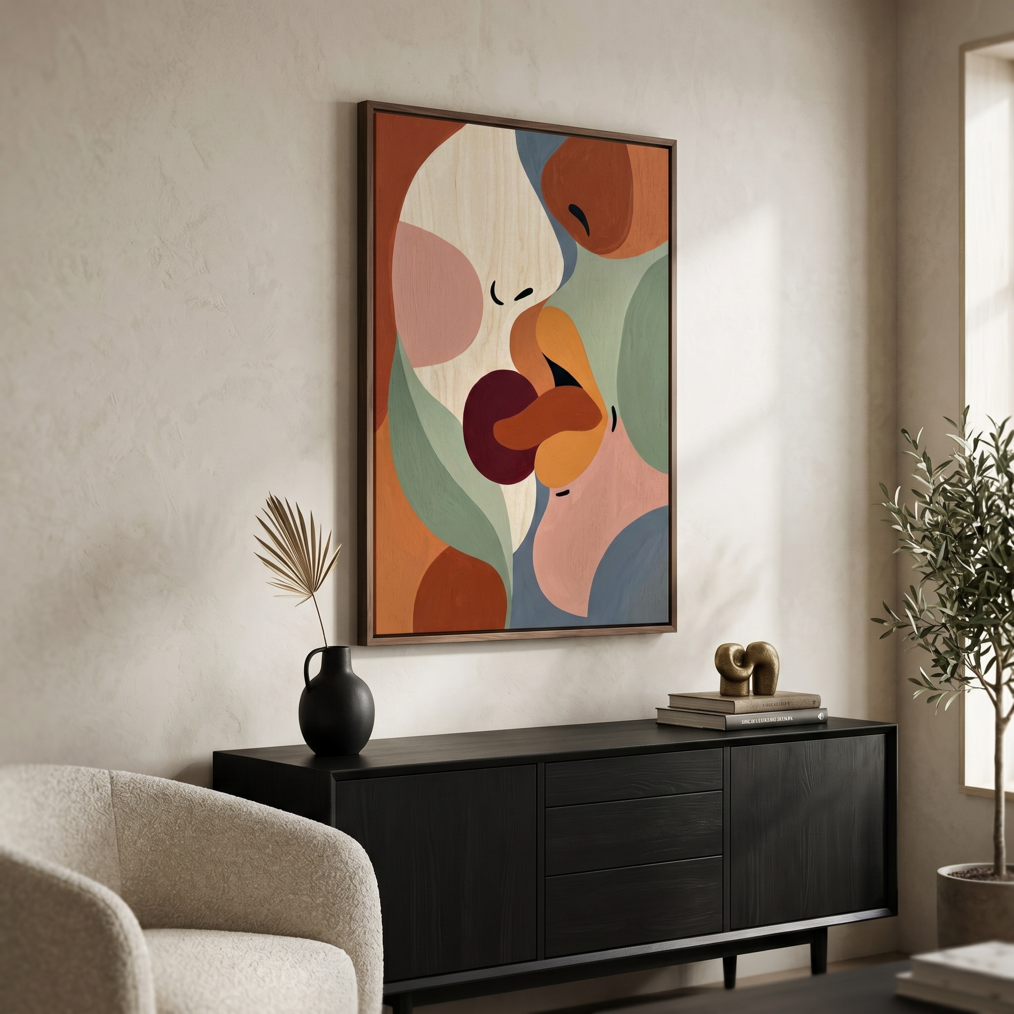 Abstract Couple Kiss Print – Romantic Boho Sage Green Terracotta Bedroom Art