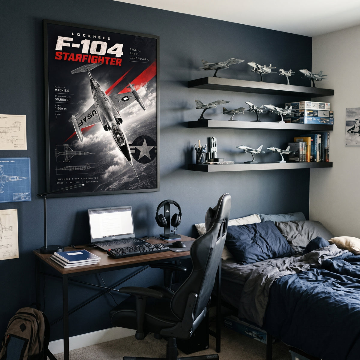“Small. Fast. Legendary.” tagline on the F-104 Starfighter jet fighter poster
