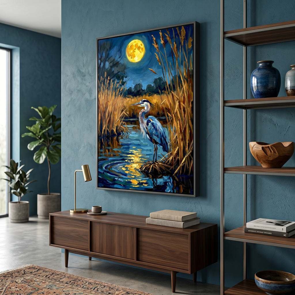 Blue heron painting printed on 220gsm premium matte paper — archival quality, deep navy and amber tones.