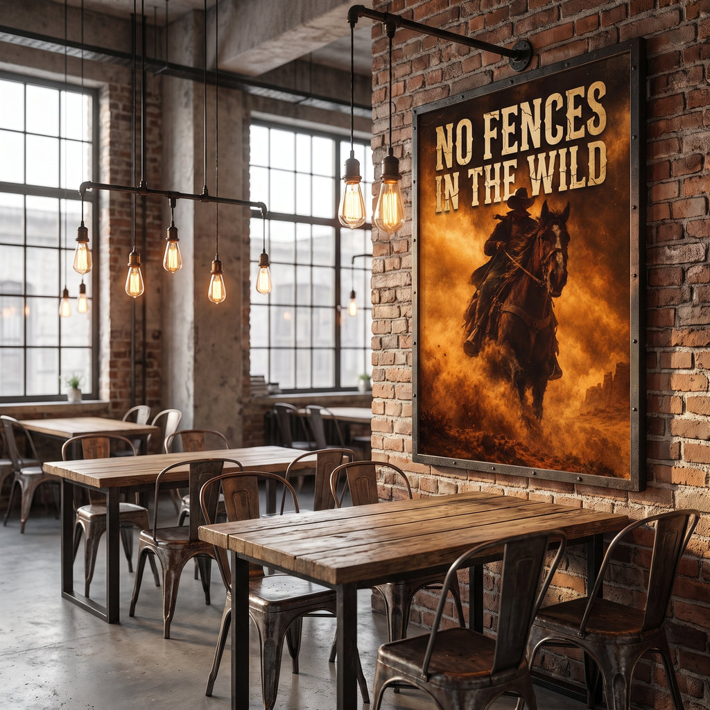 Cracked vintage lettering "NO FENCES IN THE WILD" on a dusty desert western poster