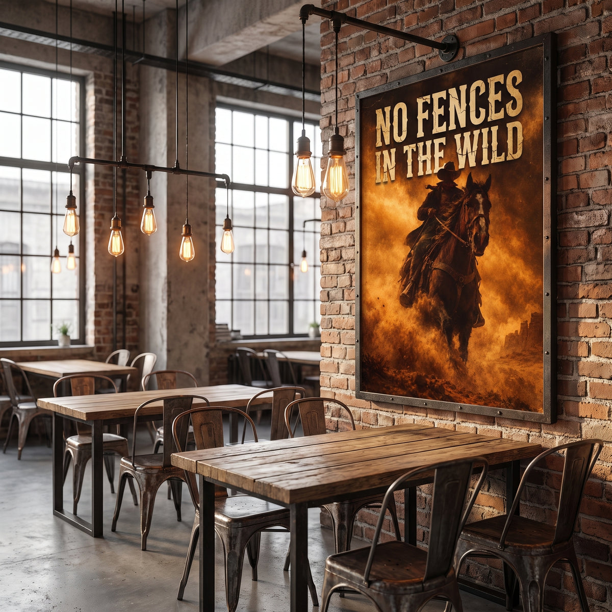 Cracked vintage lettering "NO FENCES IN THE WILD" on a dusty desert western poster