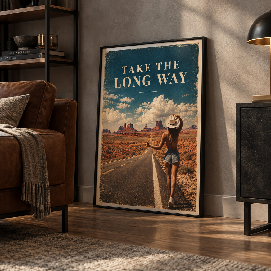 Cinematic Monument Valley scenery with dramatic clouds and a two-lane highway, retro travel wall art