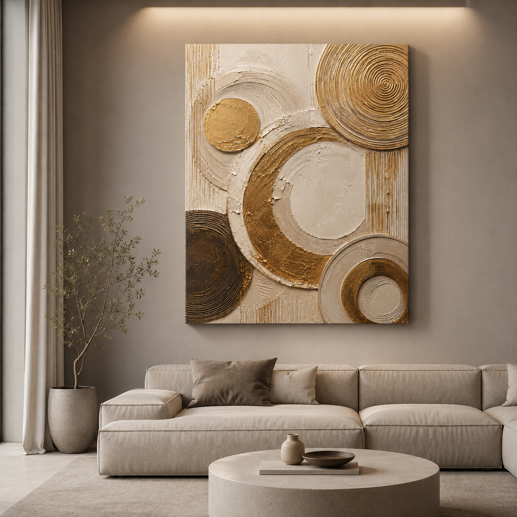 Canvas: Ivory canvas print faux gold texture wall art gallery wrap, abstract circular plaster-effect design for modern home décor