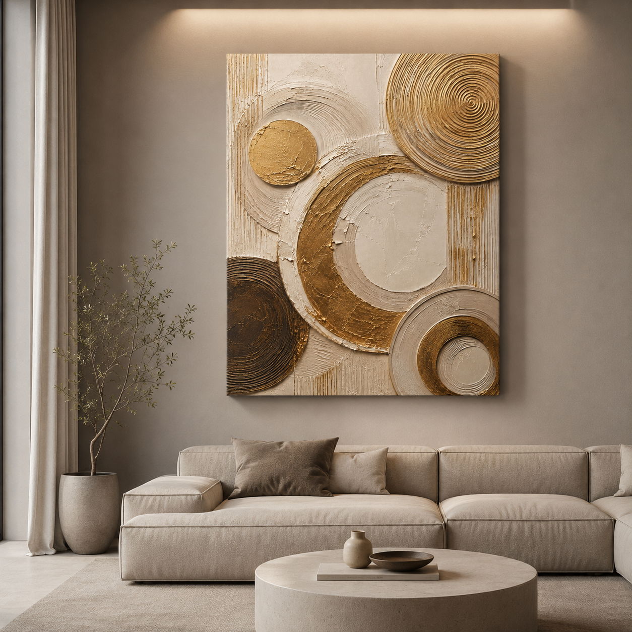 Canvas: Ivory canvas print faux gold texture wall art gallery wrap, abstract circular plaster-effect design for modern home décor