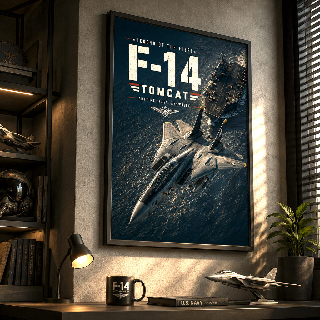 F14 Tomcat poster art capturing raw power over deep navy ocean tones