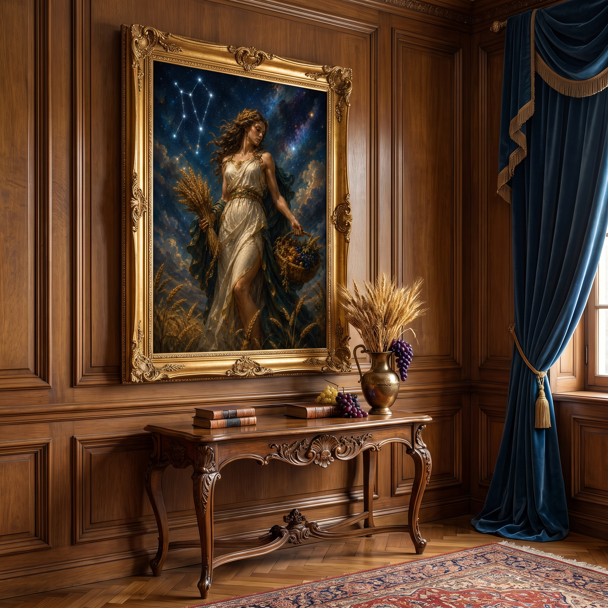 deep navy night sky, gold wheat field — the stillness of astrology art