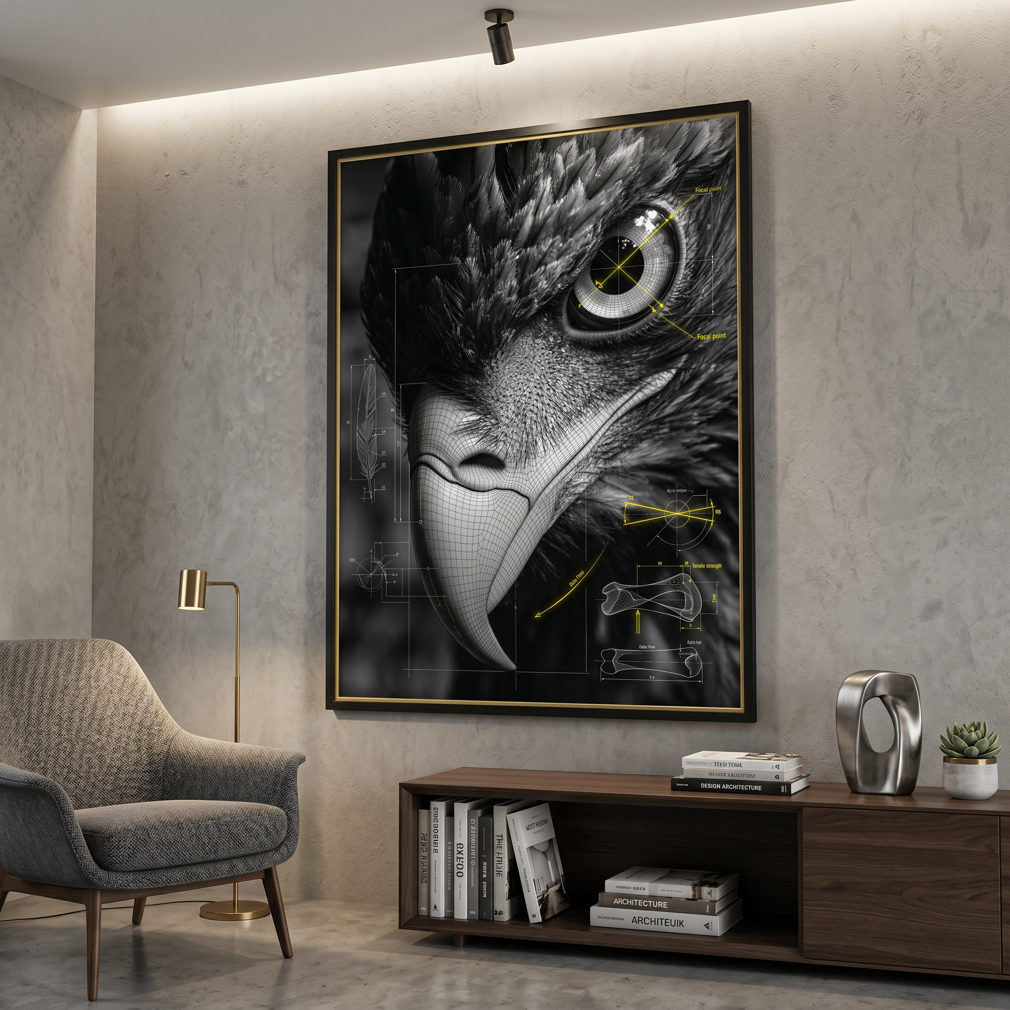 An eye that watches back — eagle blueprint wall art for spaces that hold their own energy