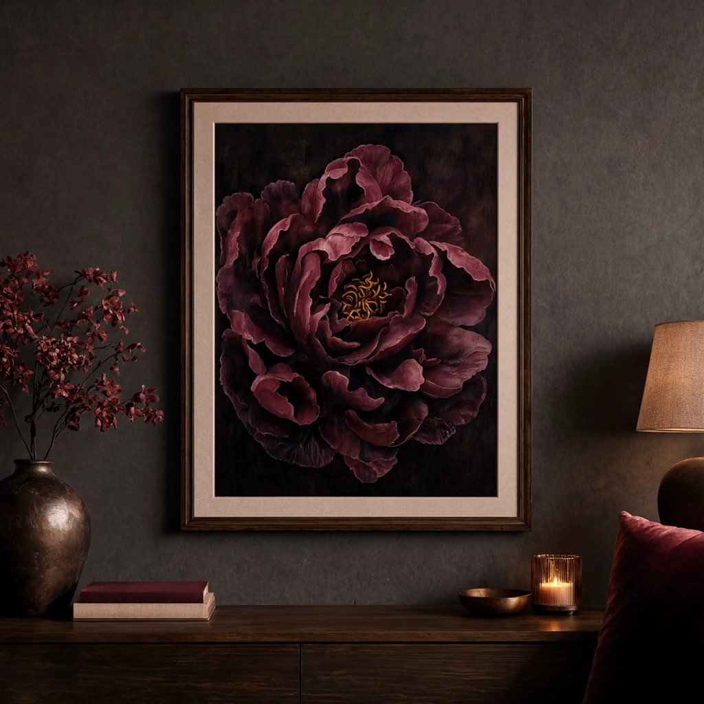 Burgundy peony matte poster hung in a dining area with blush and brass accents.