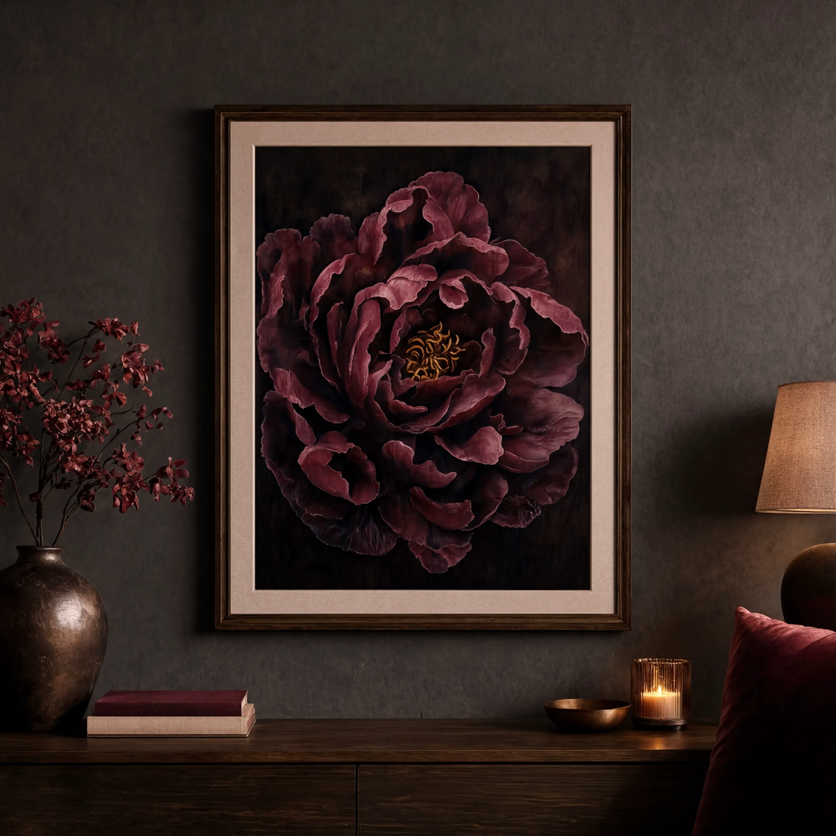 Burgundy peony matte poster hung in a dining area with blush and brass accents.