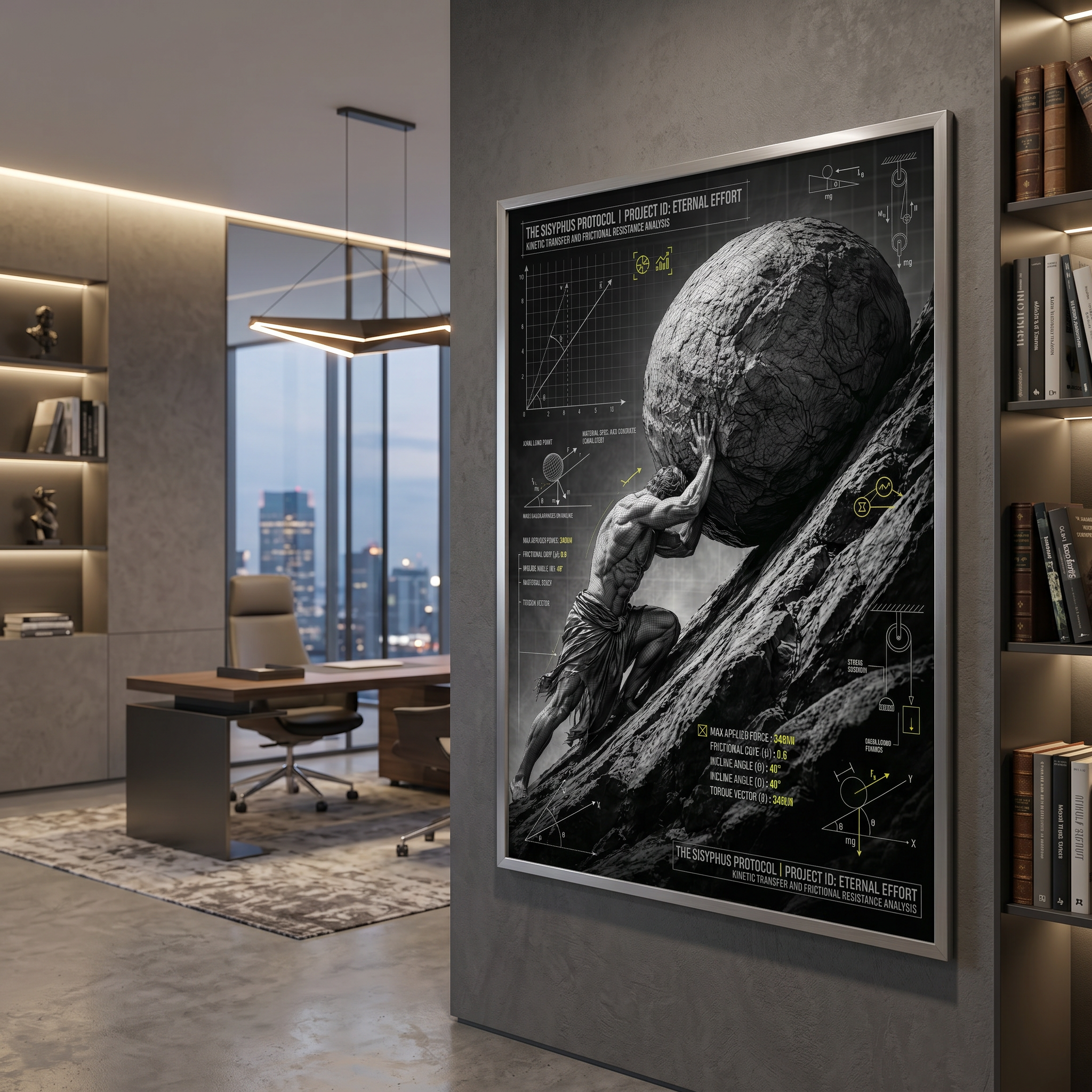 Mythology wall art for the desk where real decisions get made — Sisyphus protocol, eternal effort rendered in physics diagrams