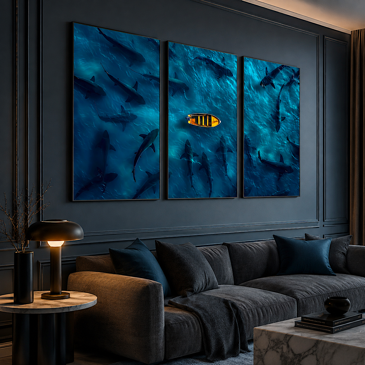 Hero: Blue ocean wall art triptych glowing on a moody charcoal living room wall, warm lamp light against deep water
