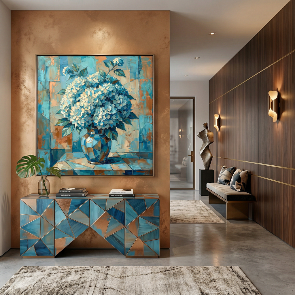 Entryway wall art — vintage floral hydrangea print, teal botanical decor for hallway, 18x24 poster