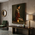 A warrior woman kneels in candlelight — red kimono, dragon tattoo, katana — japanese art print for moody dark interiors