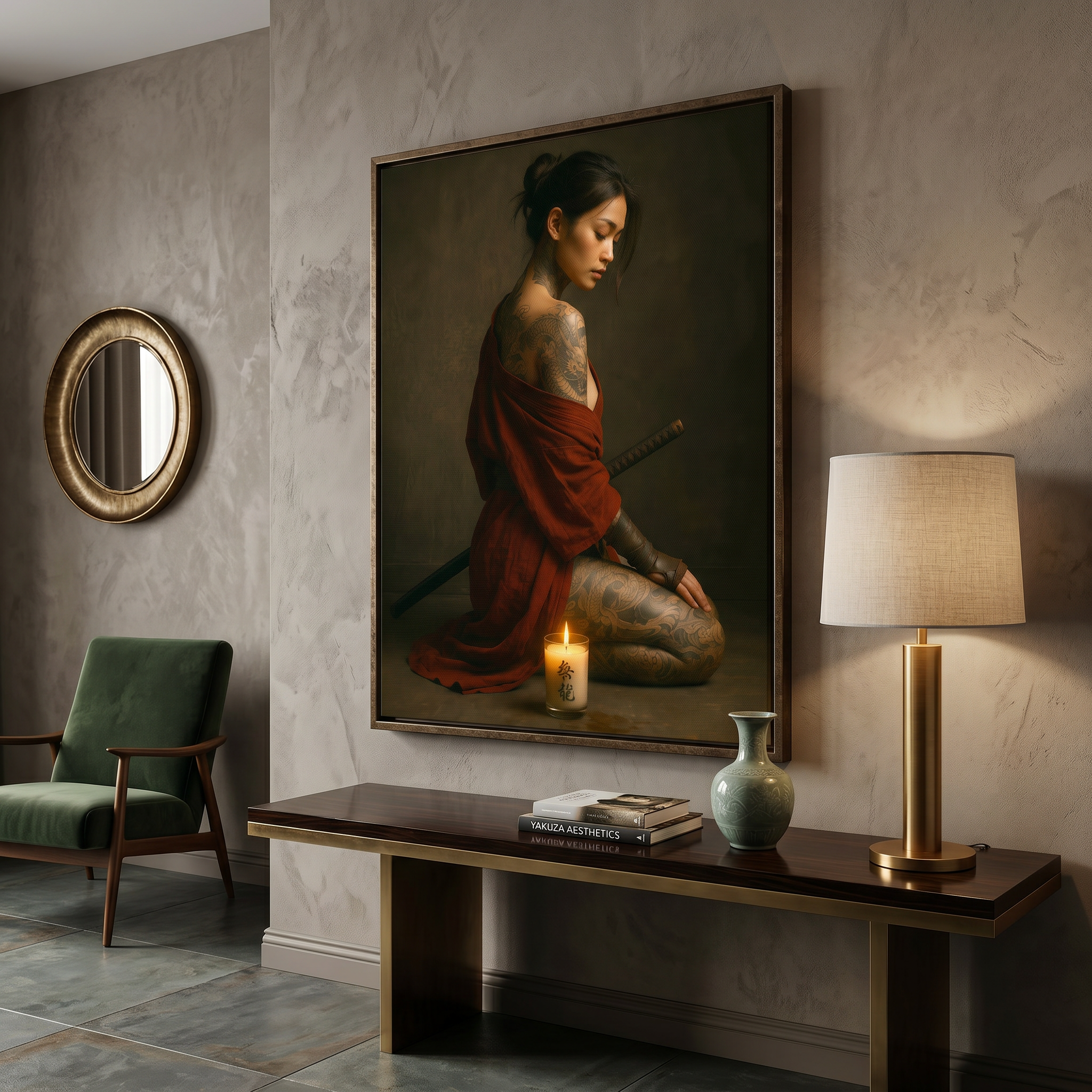 A warrior woman kneels in candlelight — red kimono, dragon tattoo, katana — japanese art print for moody dark interiors