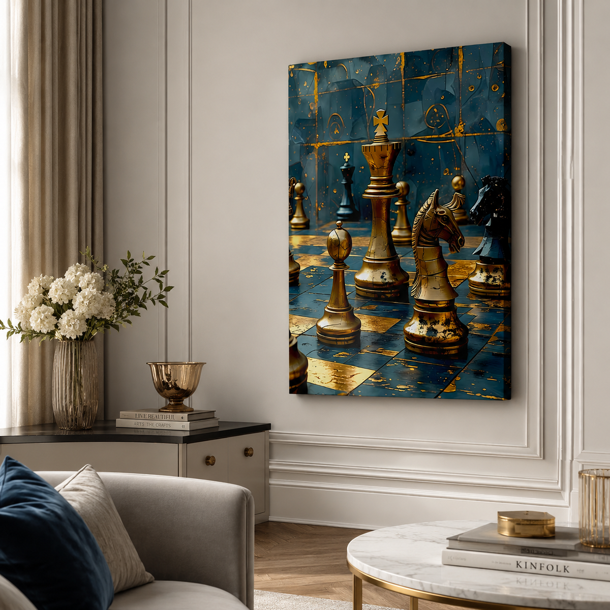 Teal and Gold Chess Canvas Art: Luxury Game Room Decor