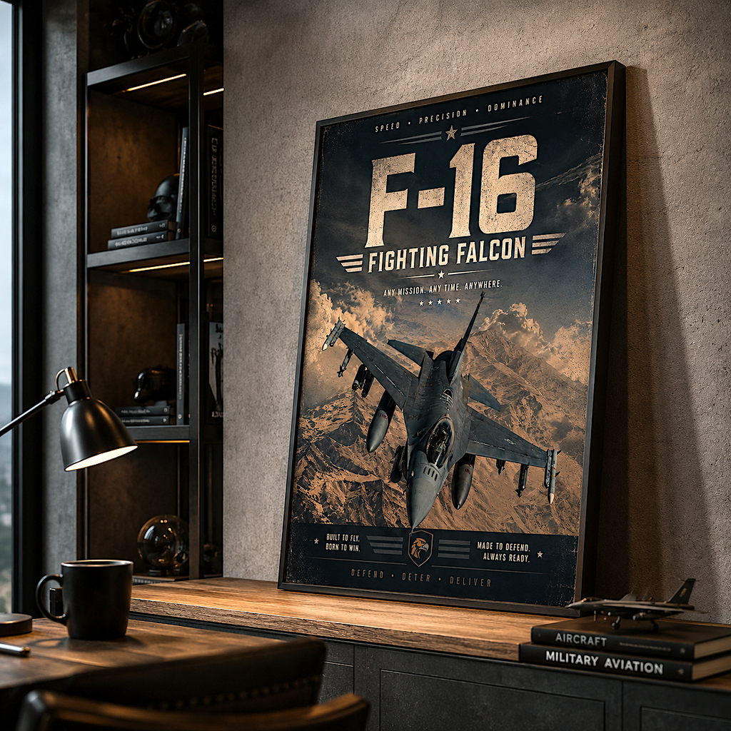 F-16 Fighting Falcon fighter jet poster - vintage military aviation wall art print for office or veteran gift