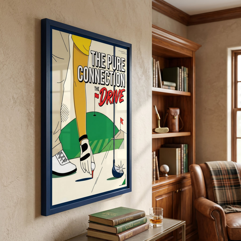 Retro golf wall art in home office — golf decor print, warm white wall, framed vintage poster style