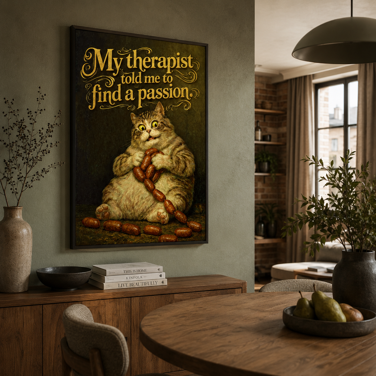 Funny fat cat clutching sausages under gold vintage text, kitchen wall art print
