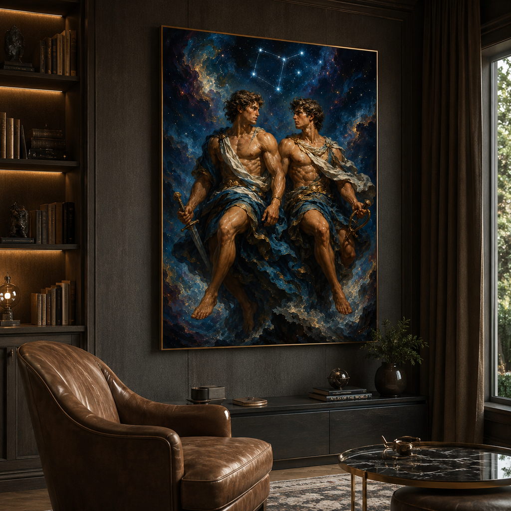 Constellation print with two mythic figures bound beneath the stars