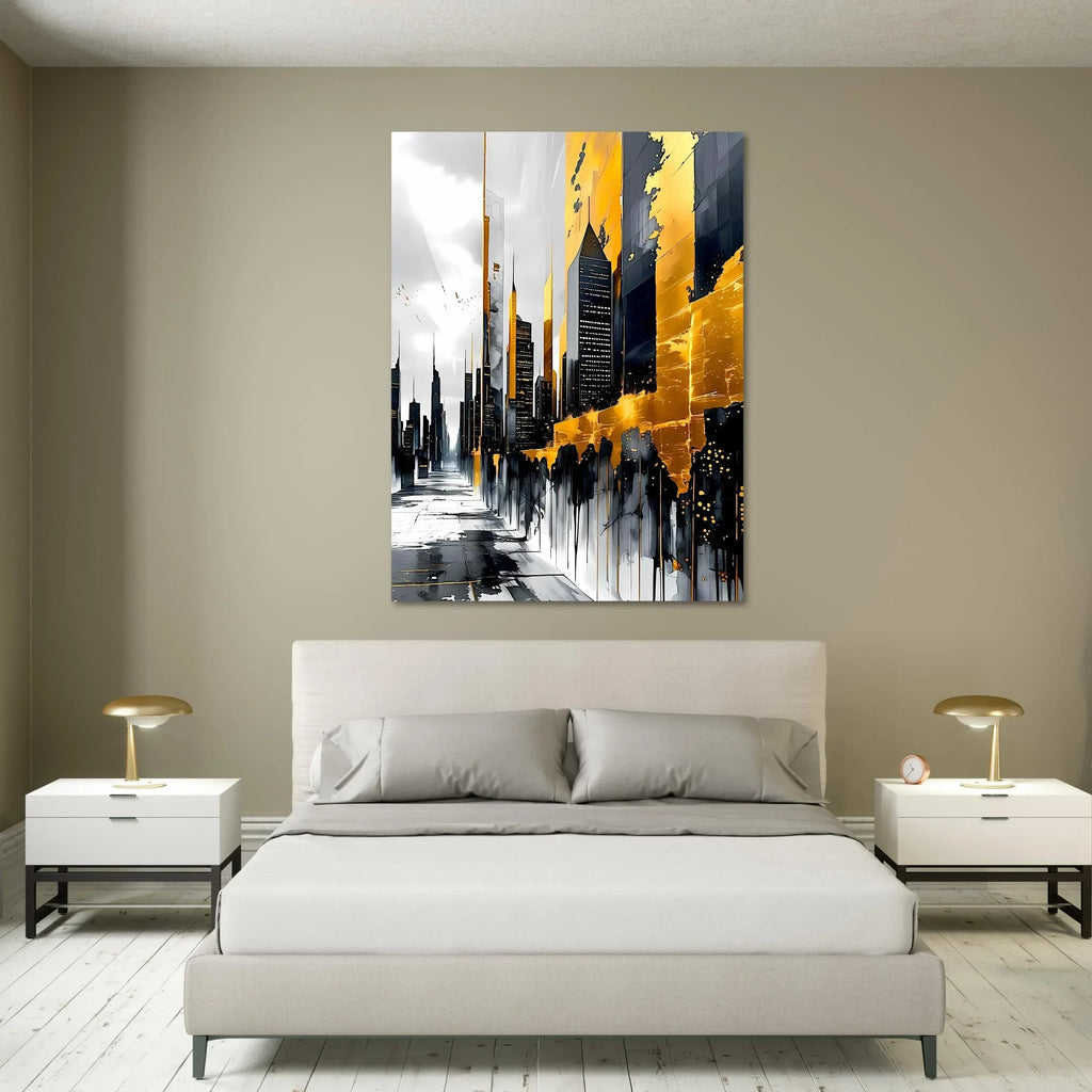 Luxury Urban Wall Art – Gold Drip Abstract Skyline Canvas Print - AffinityArts 