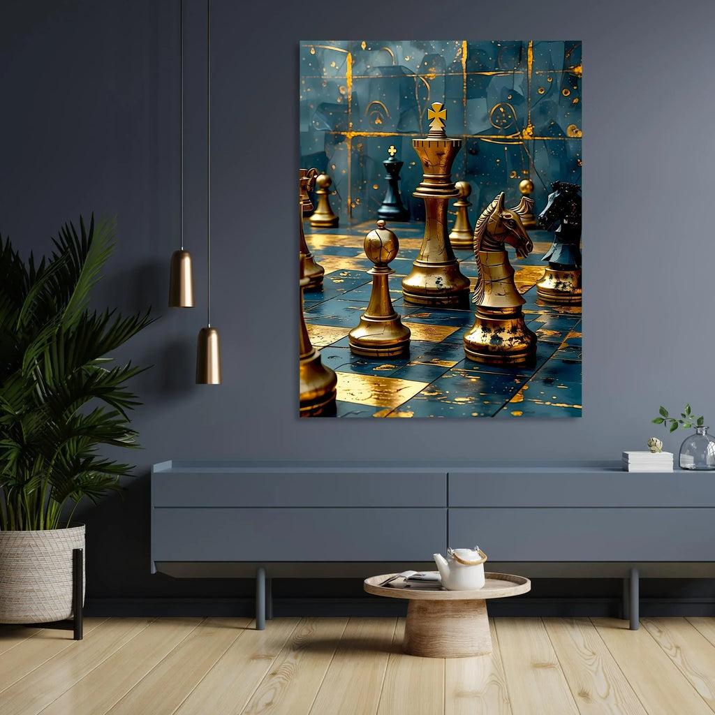 Teal and Gold Chess Canvas Art: Luxury Game Room Decor - AffinityArts 