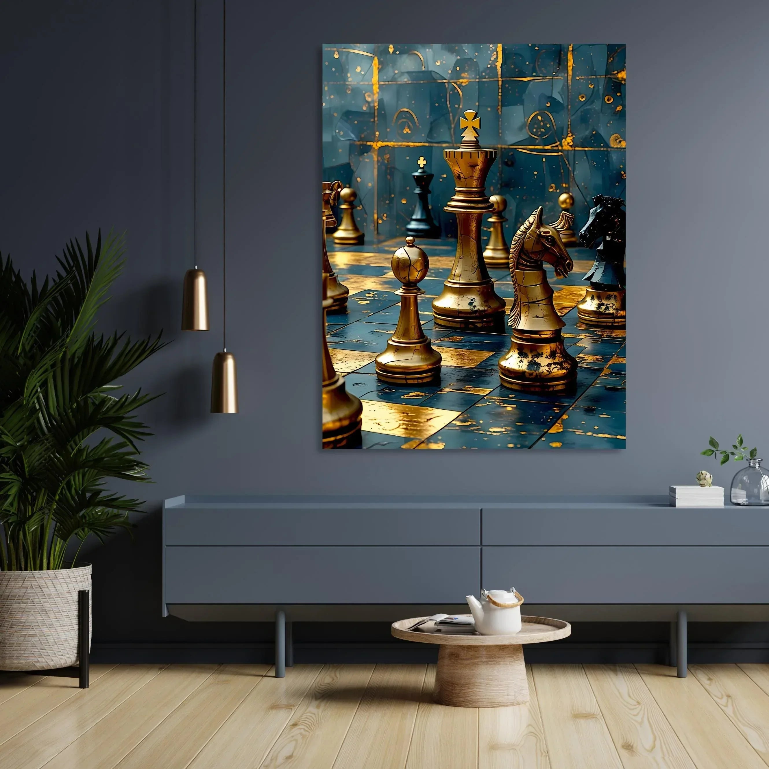 Teal and Gold Chess Canvas Art: Luxury Game Room Decor - AffinityArts 