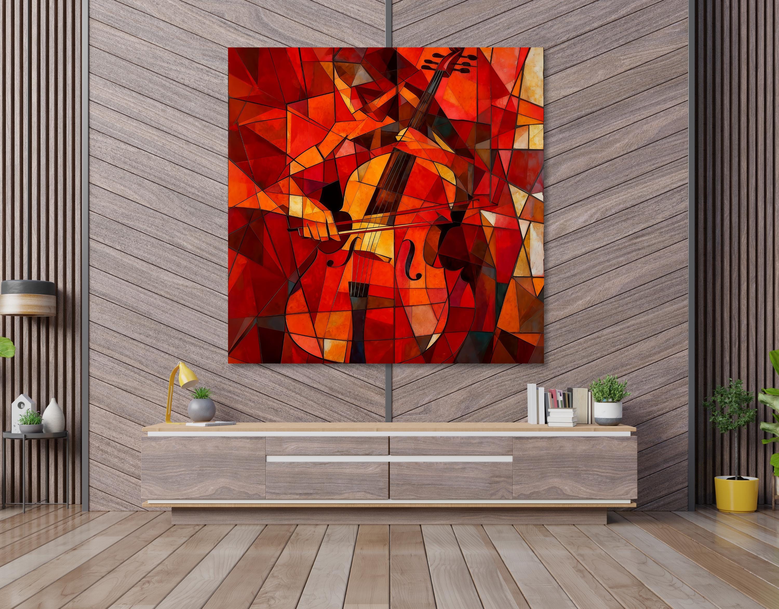 Cubism Cello Canvas Wall Art | Red Orange Abstract Music Painting | Wooden stretcher frame AffinityArts