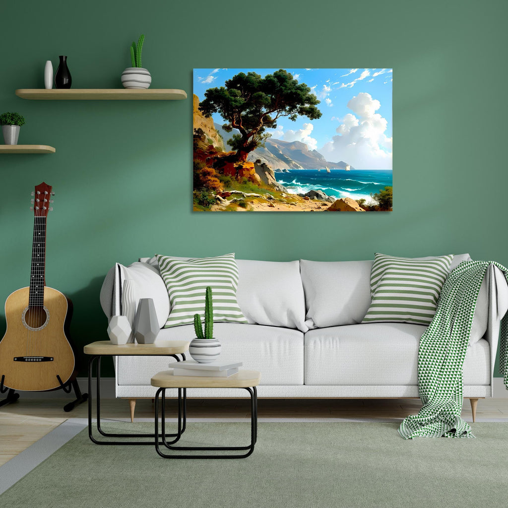 Coastal Landscape Canvas Print – Seascape Wall Art with Sailboats & Tree – Ocean Shoreline Decor AffinityArts