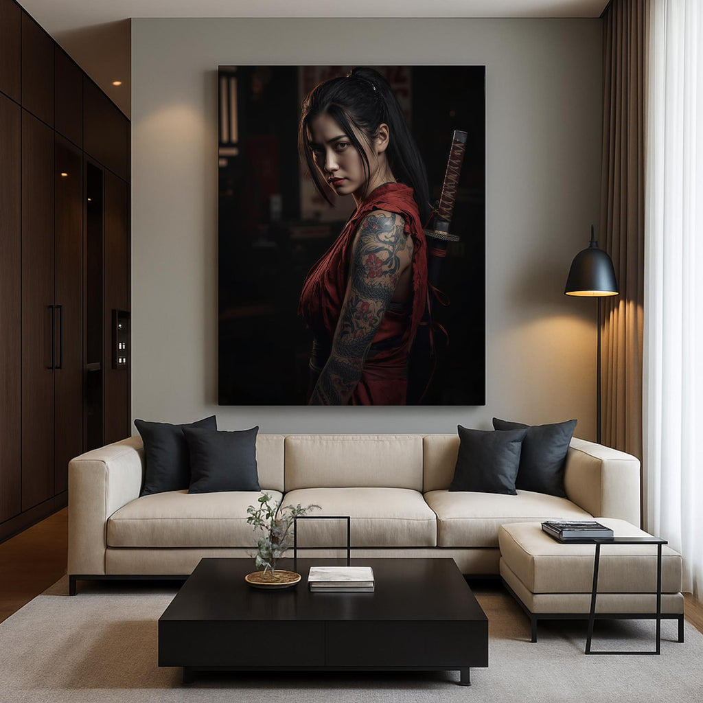 Samurai Woman Poster, Tattooed Female Warrior Wall Art, Japanese Style Print, Premium Paper, Digital Download Available AffinityArts