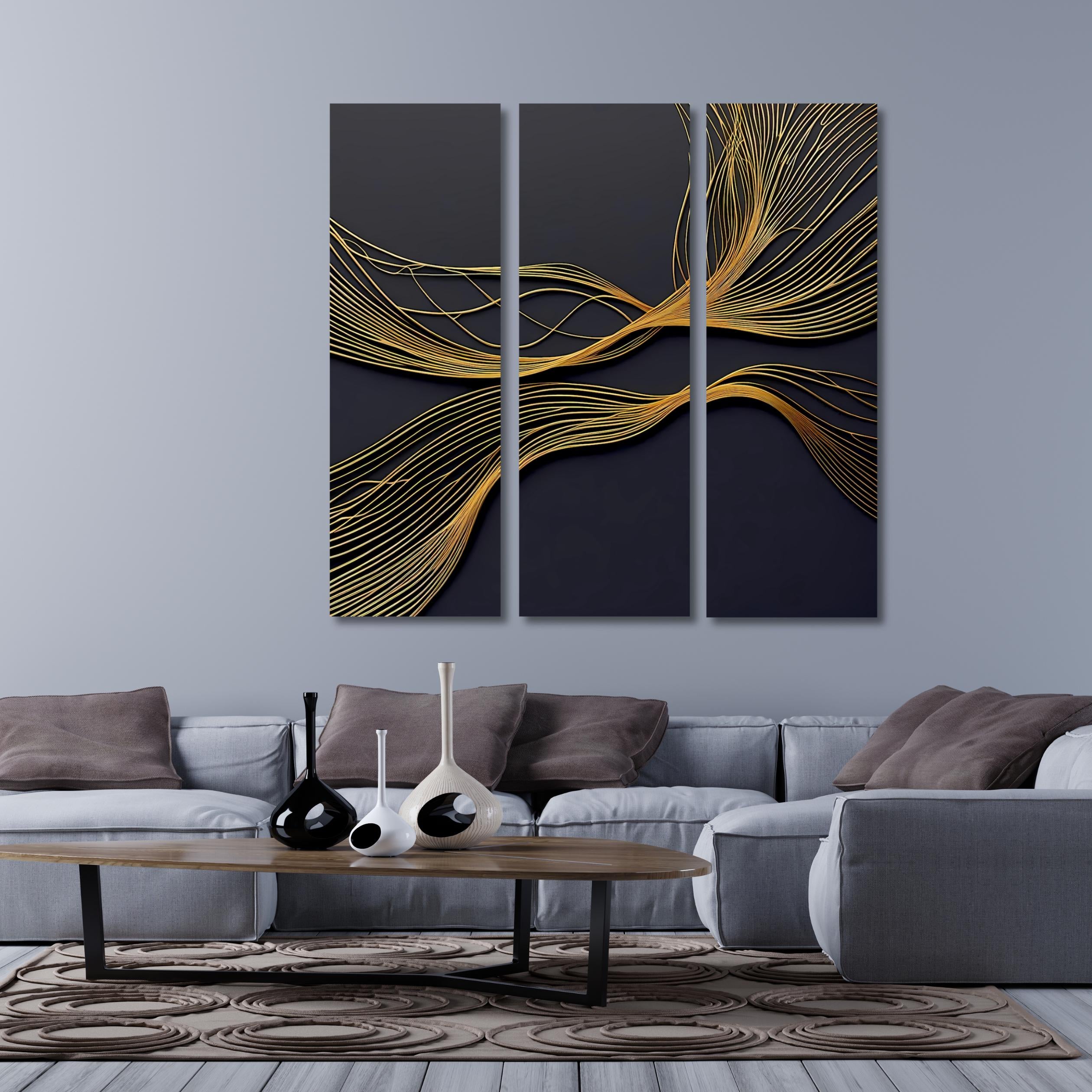 Gold Line Abstract Triptych Canvas Art: Modern Black and Gold Wall Decor