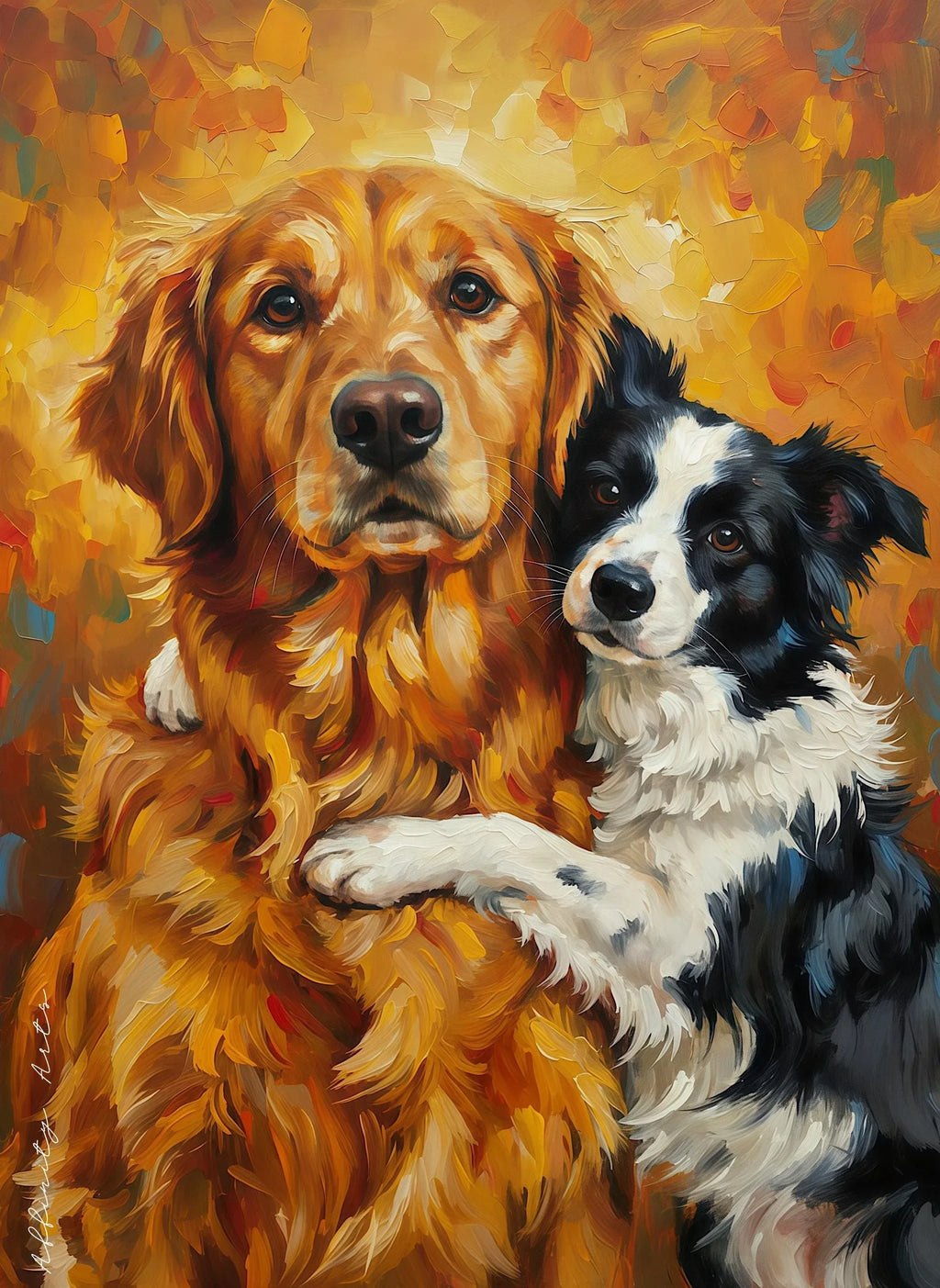Dog Friendship Art Print | Golden Retriever & Border Collie Hug | Satin Paper Poster - AffinityArts 