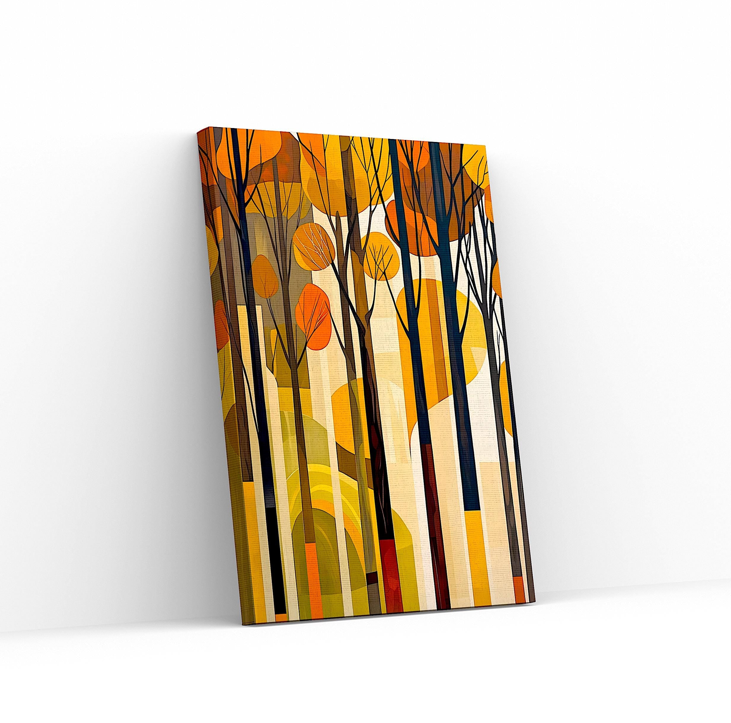 Scandinavian-style abstract fall forest with layered shapes and minimalist trees.