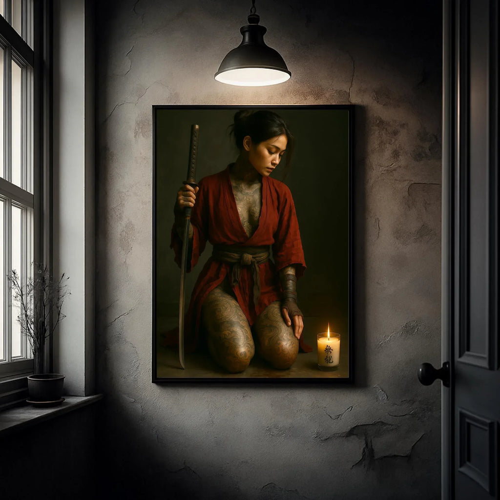 Red Kimono Warrior Poster, Tattooed Female Samurai Wall Art, Premium Paper Print or Digital Download, Multiple Sizes - AffinityArts 